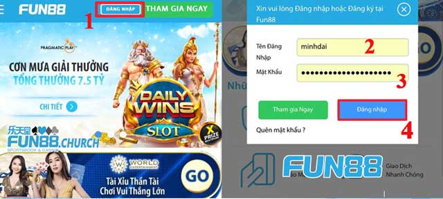 Thực hiện thao tác đăng nhập vào tài khoản Fun88 để rút tiền.