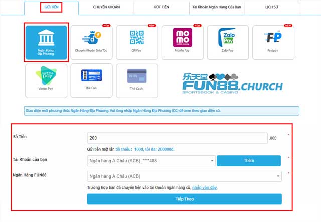Điền các thông tin để nạp tiền Fun88 qua ngân hàng