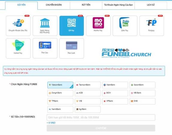 Điền thông tin, chọn ngân hàng để gửi tiền tại Fun88