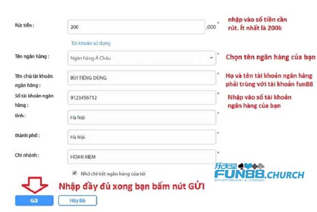 Tạo lệnh để rút tiền tại Fun88 và nhấn xác nhận